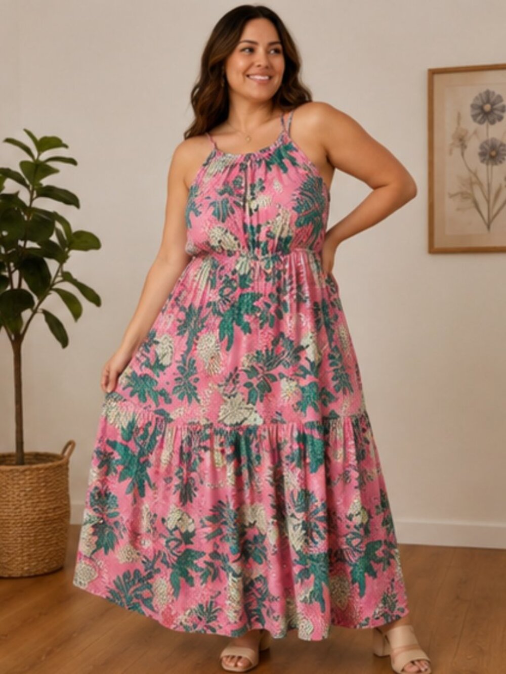 Pink Leopard Halter Dress with tropical leaf print size 16